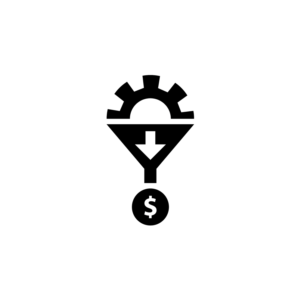 Image of a gear going into a funnel with money as the output
