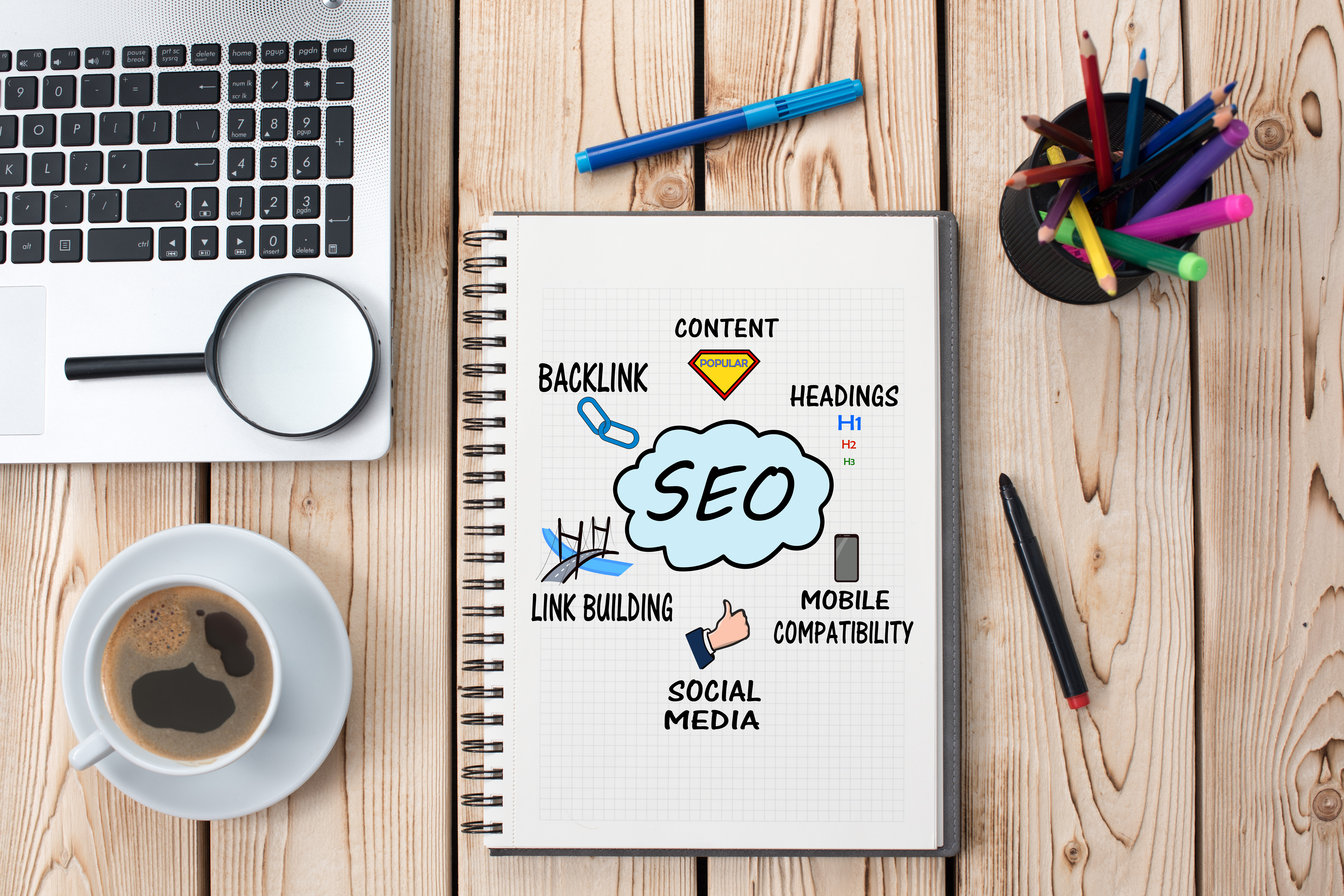 Image of a notebook displaying a diagram of search engine optimization
